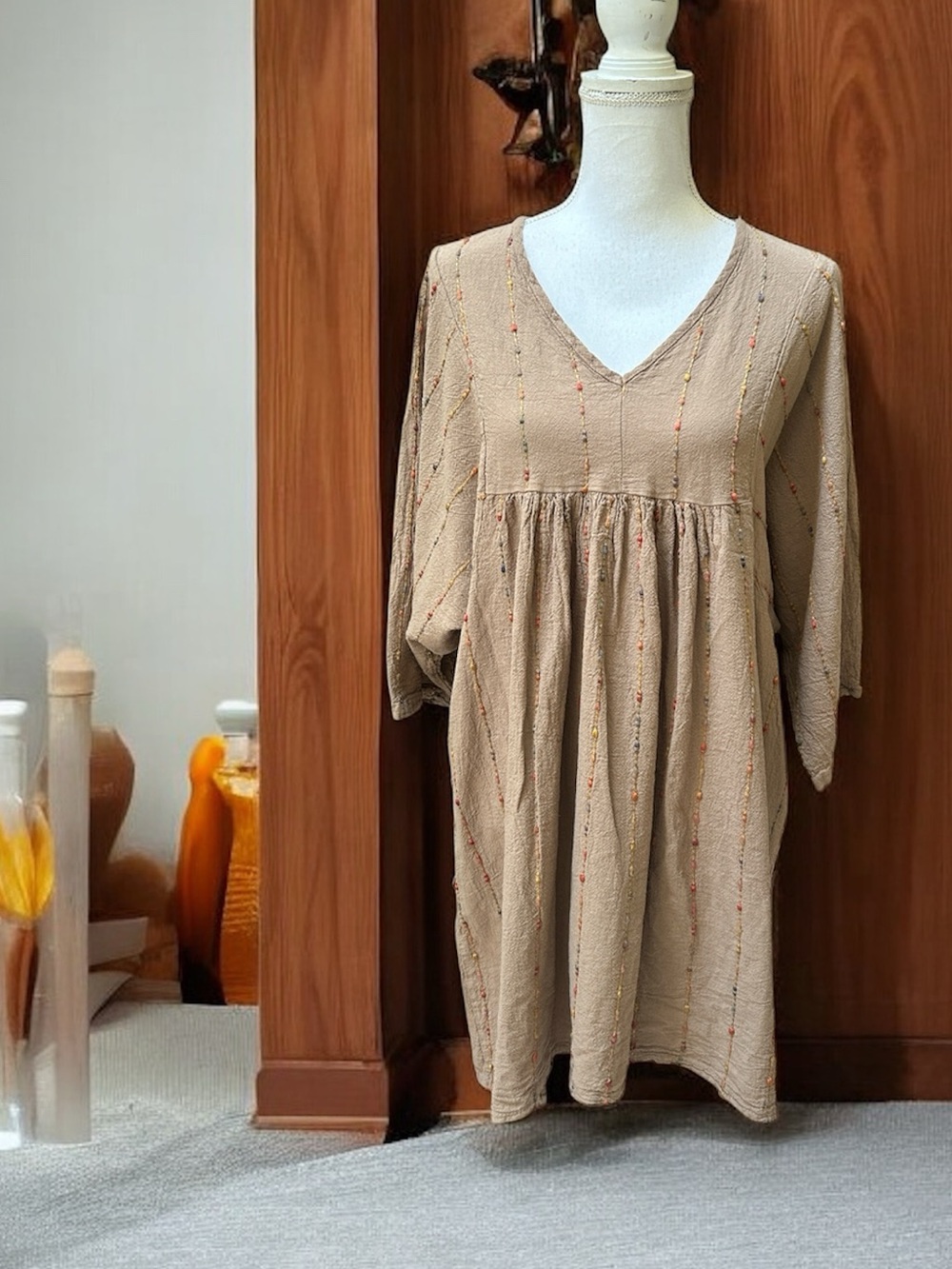 Women’s Boho V Neck Multi Color Vertical Stripe Embroidered Linen Tunic Dress M